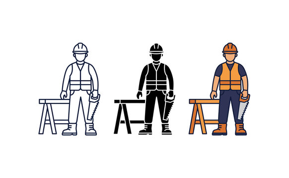 Minimalist vector construction worker icon set in outline solid and colorful styles