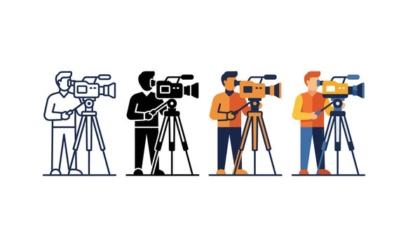 Minimalist flat vector set of cameramen operating video cameras on tripods