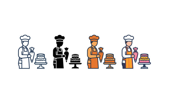 Minimalist pastry chef icons set with outline and color variations on white background