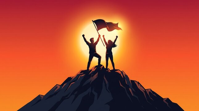 Silhouette of victorious people raising flags on a mountaintop against a vibrant sunset background