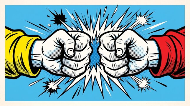 Comic style illustration of two fists colliding with a burst of energy and dynamic impact effects