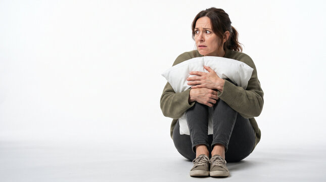 Fearful young woman dealing with schizophrenia paranoia and auditory hallucinations hugging pillow isolated on white background
