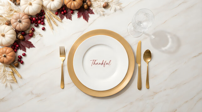 A beautifully arranged thanksgiving table setting with a golden charger plate elegant cutlery and a delicate floral centerpiece evoking warmth gratitude and the spirit