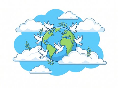 Vector Illustration of Planet Earth Surrounded by White Peace Doves and Olive Branches in a Cloudy Sky