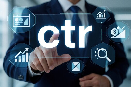Businessman touches virtual screen with CTR text. Digital interface shows click through rate data, marketing analytics, growth charts. Pro man manages online advertising strategy, web traffic,