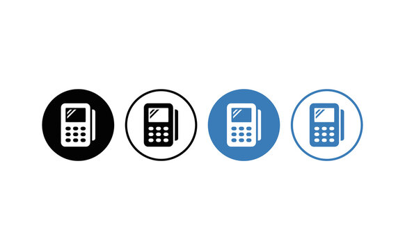 Minimalist dataphone icon set featuring electronic payment terminal symbols in black and blue