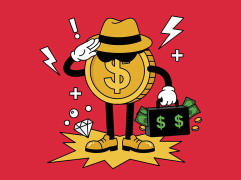 Cartoon Gold Dollar Coin Character with Money Briefcase in Retro Pop Art Style