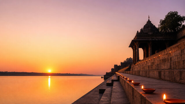 Ghats lined with lit clay diyas along the riverbank at sunset during hindu generated using ai