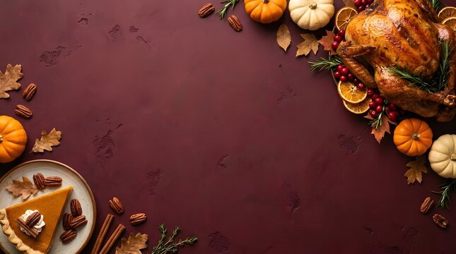 Top view of a festive thanksgiving dinner table background with roasted turkey and pumpkin pie decorations