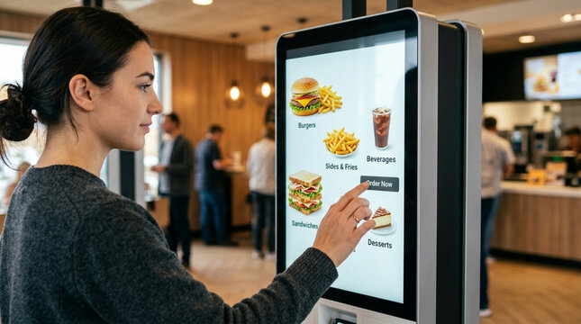 Woman using digital touchscreen kiosk for ordering food in fast food restaurant.