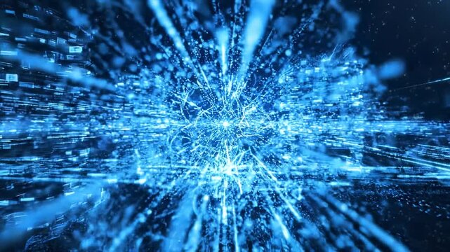 Blue technology line particles, high tech particles shuttling through space, high-speed futuristic abstract background, digital data streams creating glowing pathways in deep blue space.