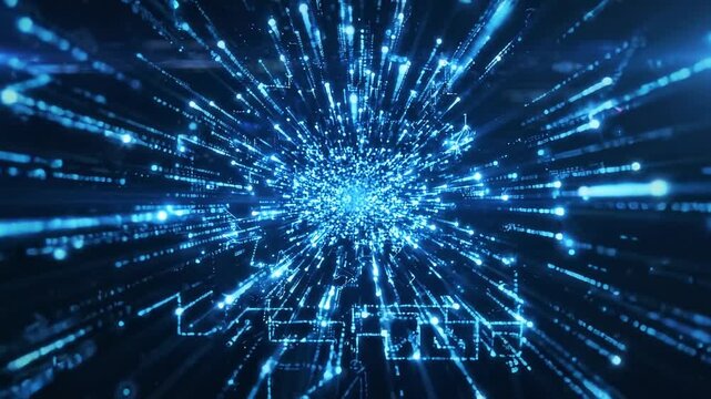 Blue technology line particles, high tech particles shuttling through space, high-speed futuristic abstract background, digital data streams creating glowing pathways in deep blue space.