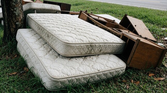 Discarded mattresses and old furniture lie abandoned on the grass by the roadside. This neglected clutter creates an unsightly urban scene, posing an environmental concern.