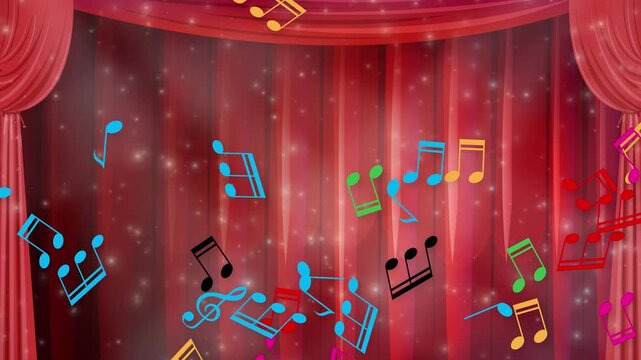 Colorful Music Notes Falling Over Red Theater Stage Curtains
