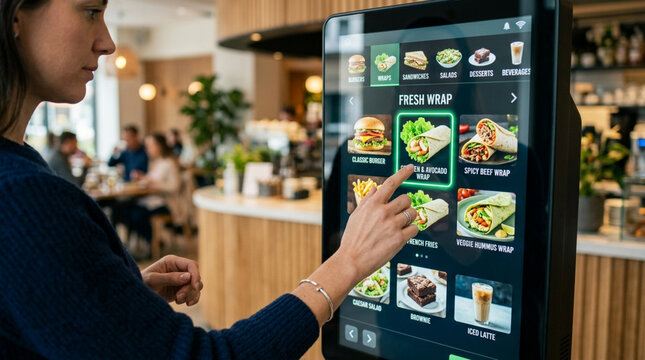 Woman using touchscreen kiosk to order food in a modern cafe