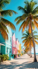 Fototapeta premium Colorful tropical houses line sandy beach. Bright pastel bungalows stand under tall palm trees along coastal walkway. Sunny summer day at seaside resort. Relaxing vacation scenery with ocean view,