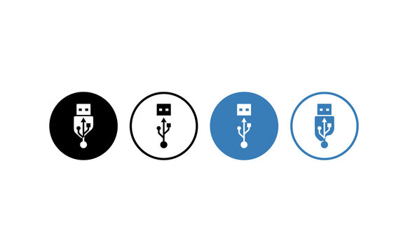 Minimalist usb icon set featuring four circular graphic symbols on white background
