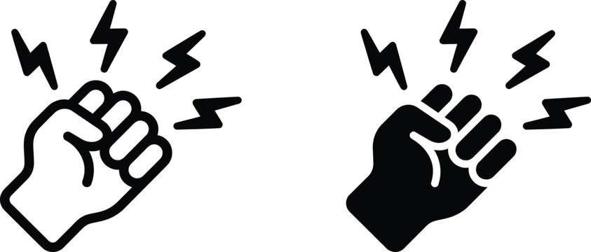 Set of black and white fist icons representing power strength protest or resistance in simple vector style
