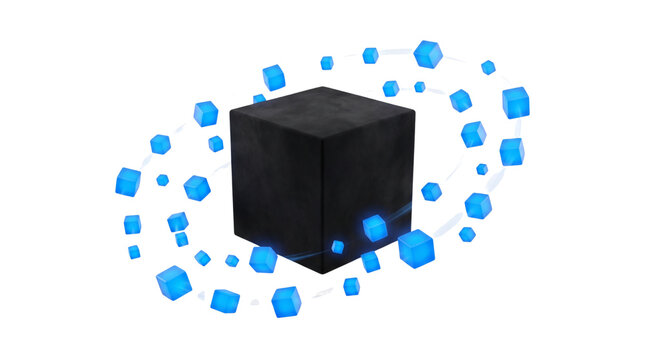 Futuristic black cube with glowing blue data particles, abstract blockchain technology concept, digital 3d geometric data storage