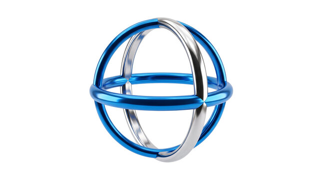 Metallic blue and silver armillary sphere, 3D abstract orbital rings, futuristic chrome circular sculpture on white background