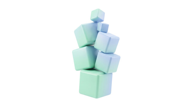 Minimalist 3D cubes stacked in balance, pastel blue and green geometric blocks, abstract tower of square shapes on white