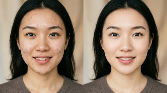 Before and After Skincare: Woman with Acne transformed to Clear Skin