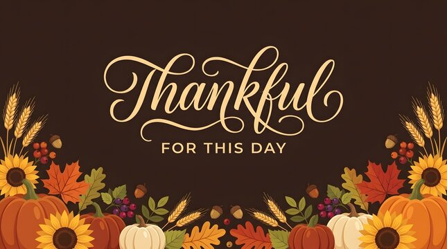 Elegant thankful for this day typography design featuring autumnal pumpkins and sunflowers for thanksgiving holiday celebration background