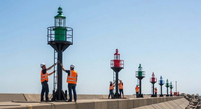 Construction workers installing navigational lighthouses on a sunny day by the sea
