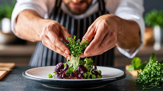 Chef hands plating micro herbs on dark ceramic plate with fresh greens and purple leaves