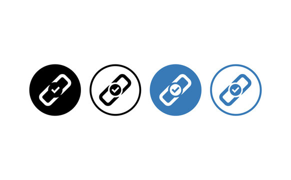 Minimalist link check icons featuring chain symbol with checkmark in black and blue styles