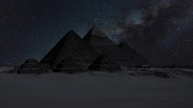 Timelapse of the great pyramids in Giza valley, Cairo, Egypt HD stock video. Timelapse Of The Great Pyramids In Giza Valley, Cairo, Egypt. Time Lapse at night. Unesco World Heritage Sites. Milkyway  