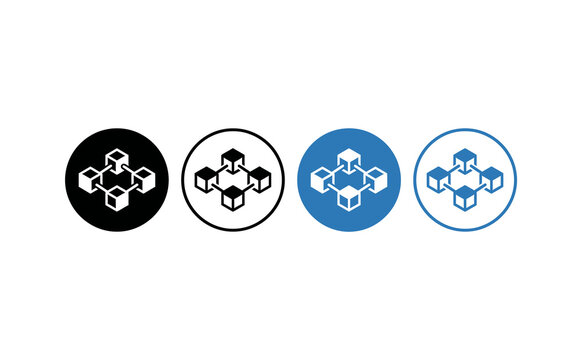 Minimalist blockchain technology icons featuring connected cube symbols in blue and black colors