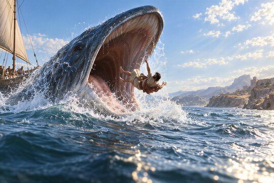 Ancient Biblical Narrative of Prophet Jonah Swallowed by a Giant Fish in a Tempestuous Sea, Capturing a Moment of Serene Stillness.