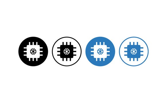 Minimalist microchip icons featuring black and blue rounded symbols set against white background
