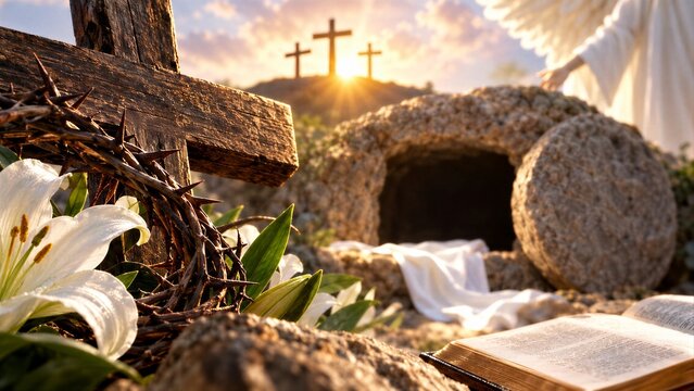 Easter Resurrection Hope: He is Risen, a powerful Christian symbolism with an empty tomb and cross.