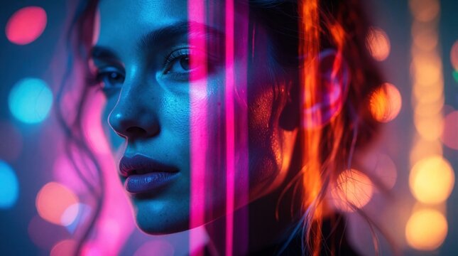 Woman face closeup with neon lights reflections. Blue and pink glow on skin with bokeh background. Futuristic beauty portrait, vibrant color streaks. Modern digital art style.