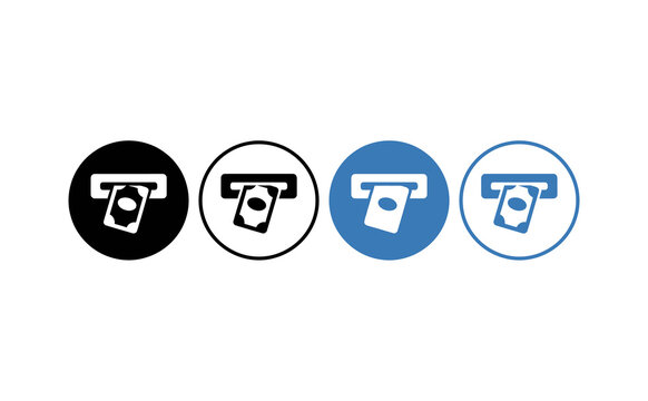 Minimalist ATM cash withdrawal icon set featuring blue and black circular symbols