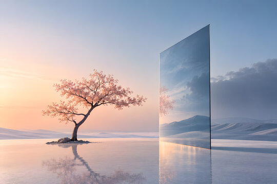 Surreal Blossoming Tree Divided by a Glass Monolith