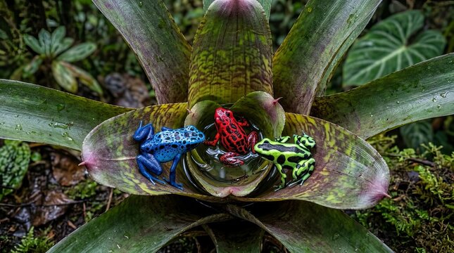 Three colorful poison dart frogs in a bromeliad plant