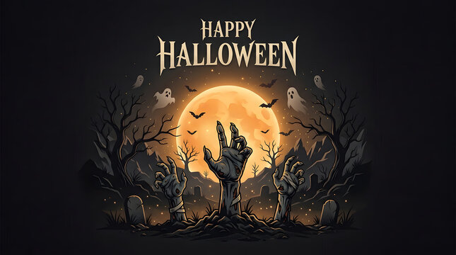 Zombie hands rising from a dark graveyard with a full moon for happy halloween spooky night scary forest