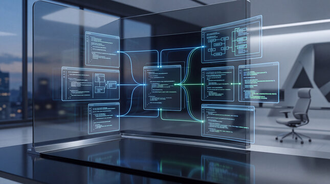 Digital flow chart and data visualization on transparent screen in modern office, abstract technology concept