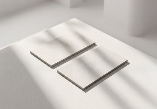 Two business cards stacks in white interior Mockup with soft window shadows. Generative ai