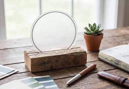 Platic and wood display stand on a desktop in bright interior lighted by a window for a logo Mockup. Generative ai