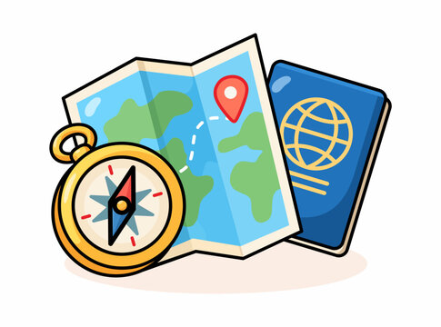 Travel Navigation Doodle Icon &ndash; Map, Compass and Passport Isolated on White Background.