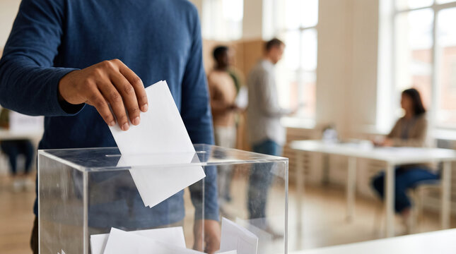 Person casting a ballot into a transparent box in a room