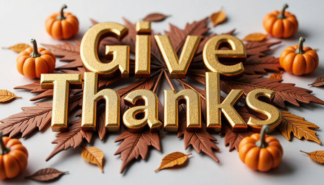 3D Golden Give Thanks text with mini pumpkins and autumn leaves on white background