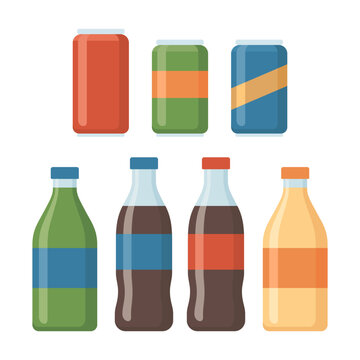 Assorted drink cans and glass bottles set icon vector flat design isolated on white background