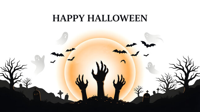 Spooky halloween background featuring zombie hands rising from graveyard before full moon with bats