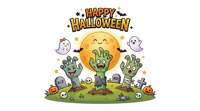 Cute cartoon zombie hands rising from ground in funny halloween themed illustration with funny zombies