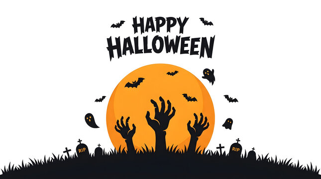 Minimalist halloween graphic with zombie hands rising from grave under bright orange moon